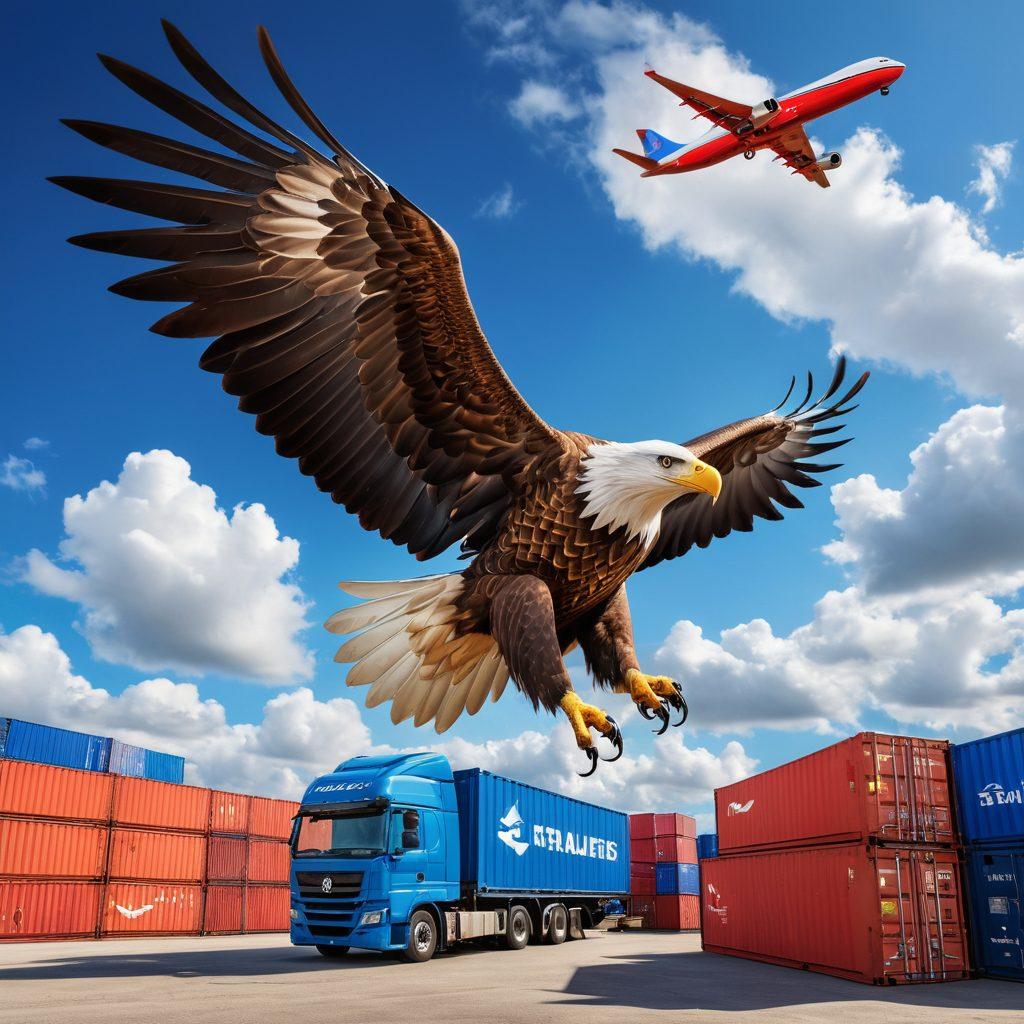 A majestic eagle soaring above a vibrant landscape filled with shipping containers and transport vehicles, symbolizing swift logistics solutions. The background features a bright blue sky with fluffy white clouds, while intricate graphs and cargo routes are subtly integrated into the scene. Showcase the eagle's wings spread wide, representing power and innovation in transportation services. super-realistic. vibrant colors. dynamic composition.