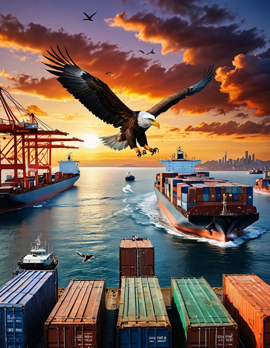 A dynamic scene illustrating the journey of freight from the ocean to land, featuring a majestic eagle soaring above a bustling port. Include cargo ships unloading containers, cranes in action, and trucks ready for transport on a coastal landscape. The sky should be bright and clear, symbolizing efficient logistics, with a touch of nature in the background. super-realistic. vibrant colors. 3D.
